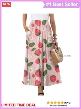 Pleated High Waist A-Line Maxi Skirt with Pockets Flowy Casual